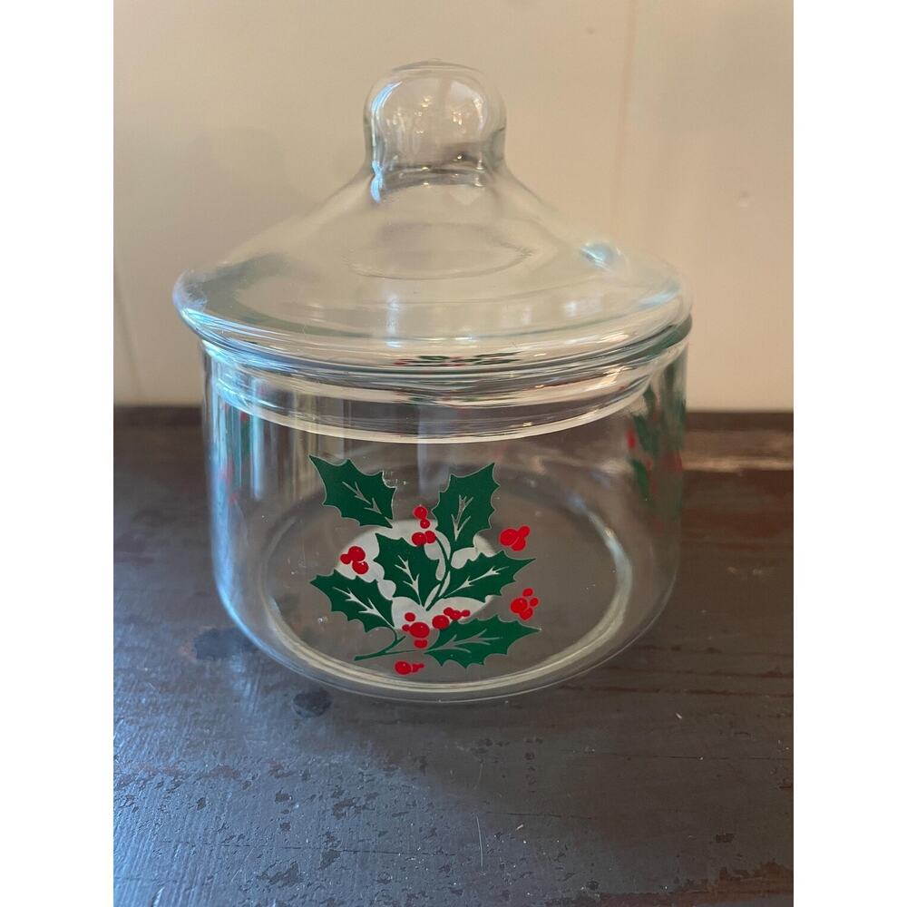 Vintage Indiana Glass "Holly Berry" clear glass candy jar with lid | EUC